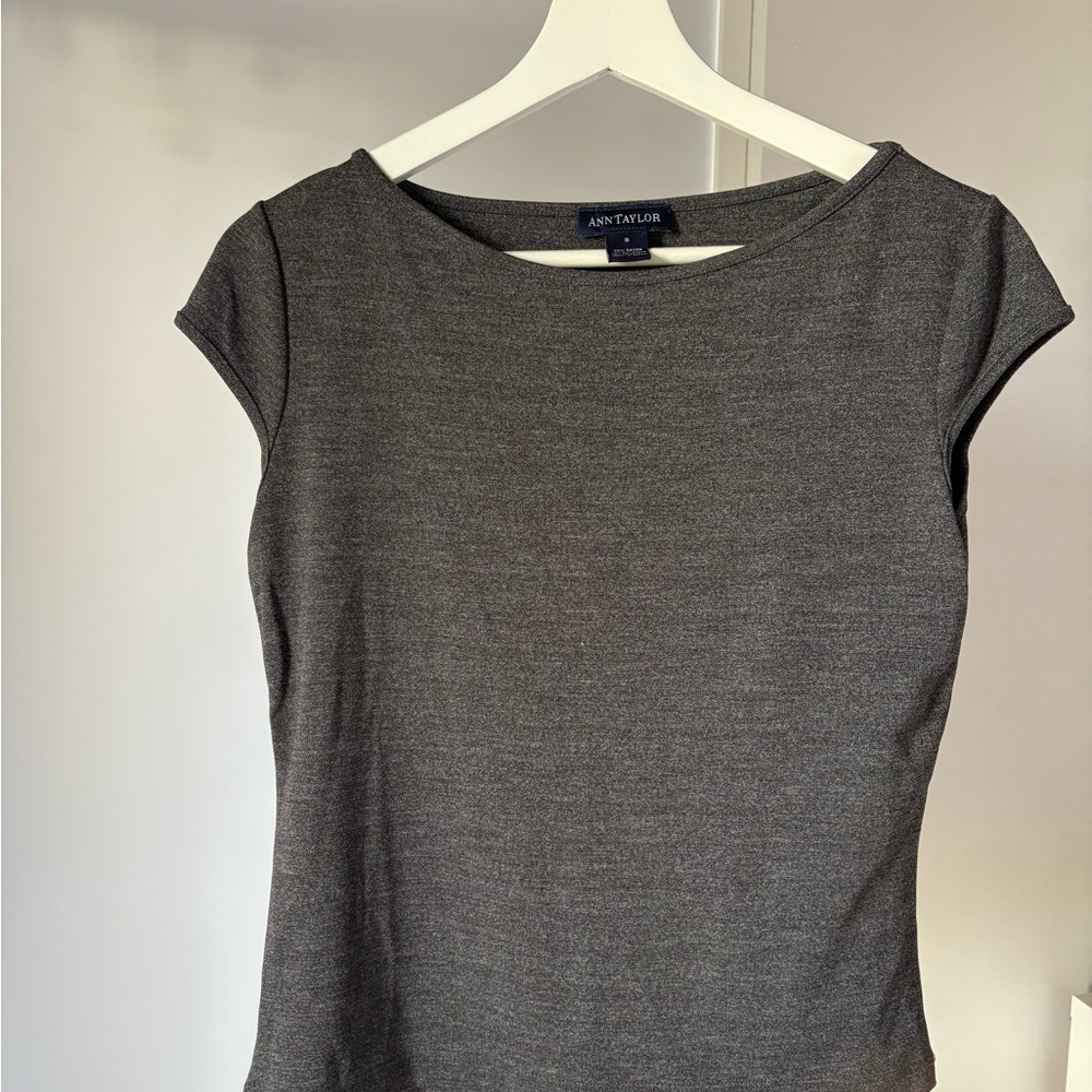 Ann Taylor Gray Cap-Sleeve Boatneck Top